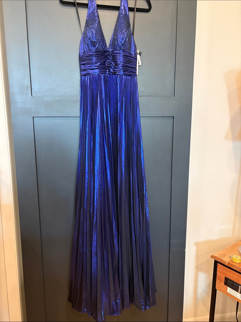 702. Alyce Paris Shimmering Royal Blue Plunging Halter Gown
